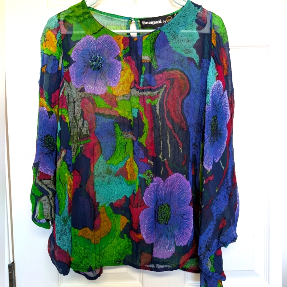 Desigual Womens Butterfly Sleeve Blouse Top L Colorful Beaded Abstract Artsy
